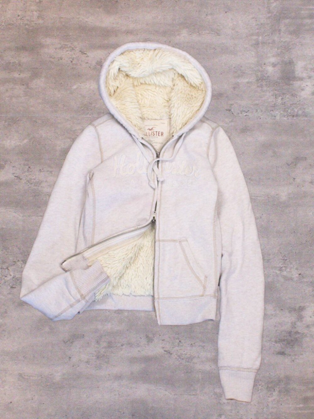 Vintage VTG Y2K 2000's 00's Hollister Fur Oatmeal Full Zip Hoodie
